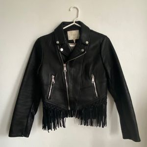 Maje black leather moto jacket w/ woven fringe